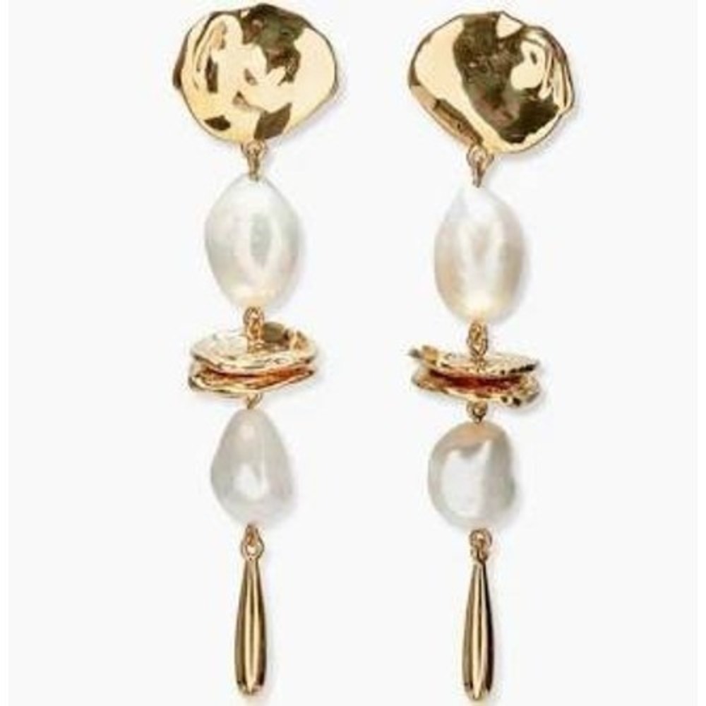 Lizzie Fortunato Gold Mine Statement Earrings Pearl 24K Gold Plated EUC